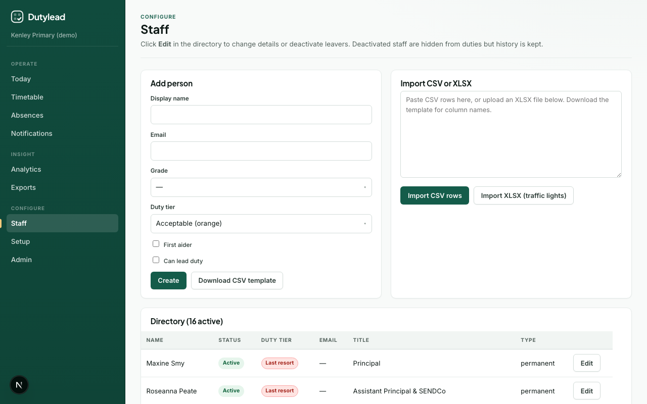 Staff import panel