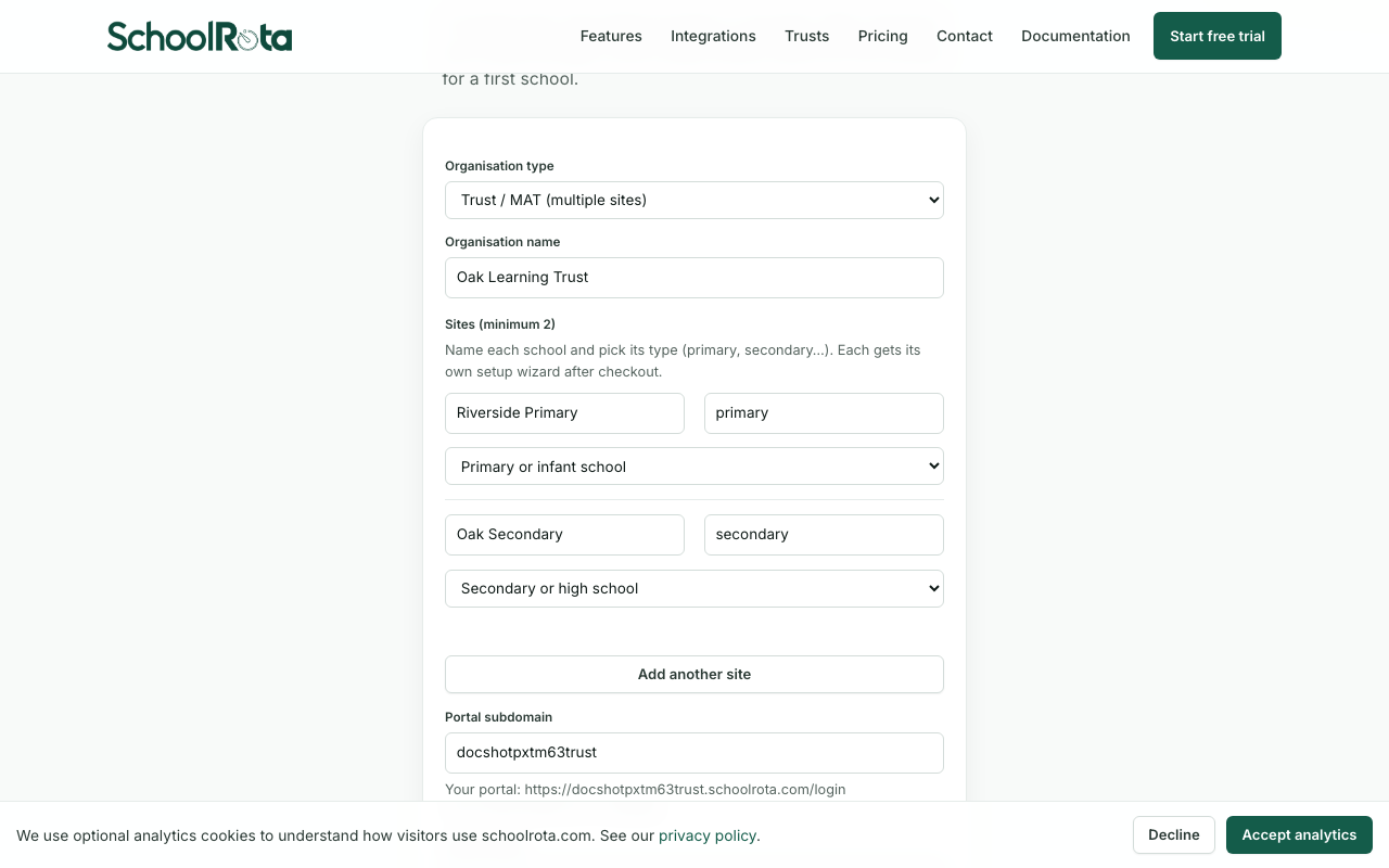 Trust signup with several schools